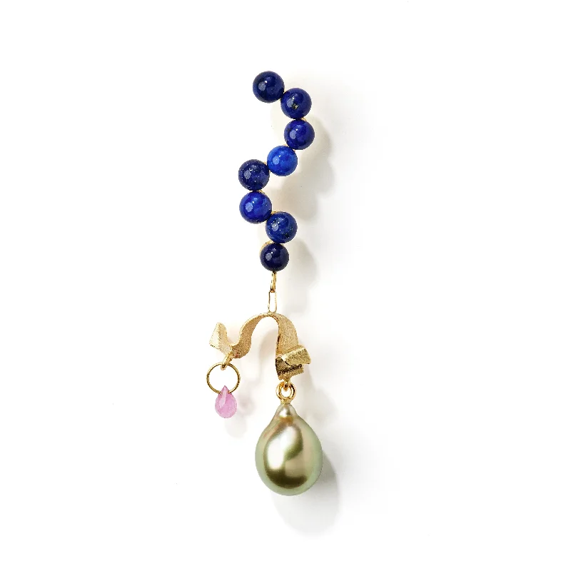 Fine Curves 18K Gold Earring w. Lapis, Sapphire & Pearl