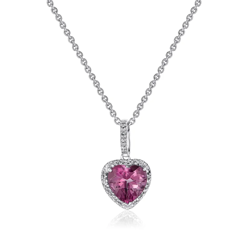 Soft cord necklaces-Pink Tourmaline Heart with Diamond Halo Necklace