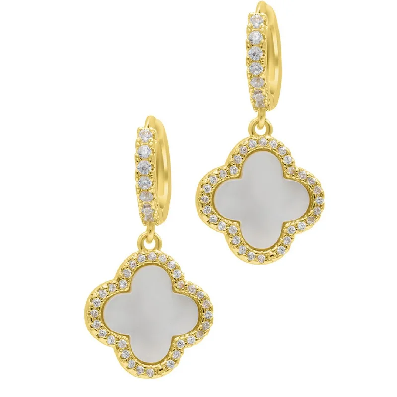 Sleek drop earrings-14k Gold Plated Crystal Halo White Mother of Pearl Clover Dangle Huggie Earrings