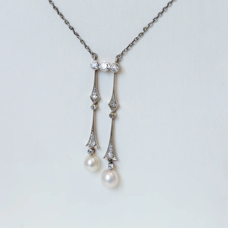 Sharp-line necklaces-Platinum Vintage Diamond & Pearl Necklace