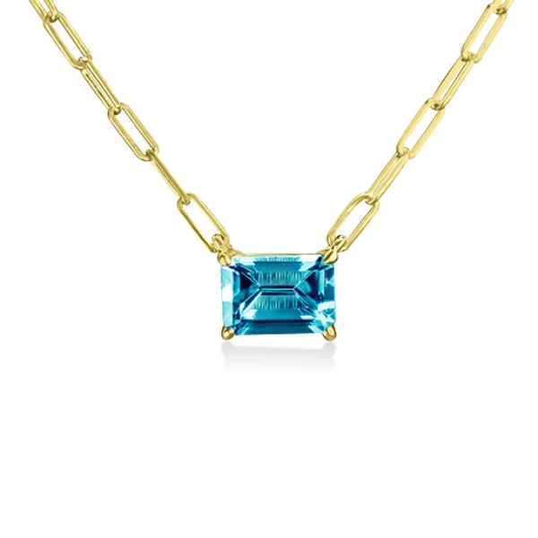 Stretch thread necklaces-Emerald Cut Blue Topaz Paperclip Necklace in 14K Yellow Gold