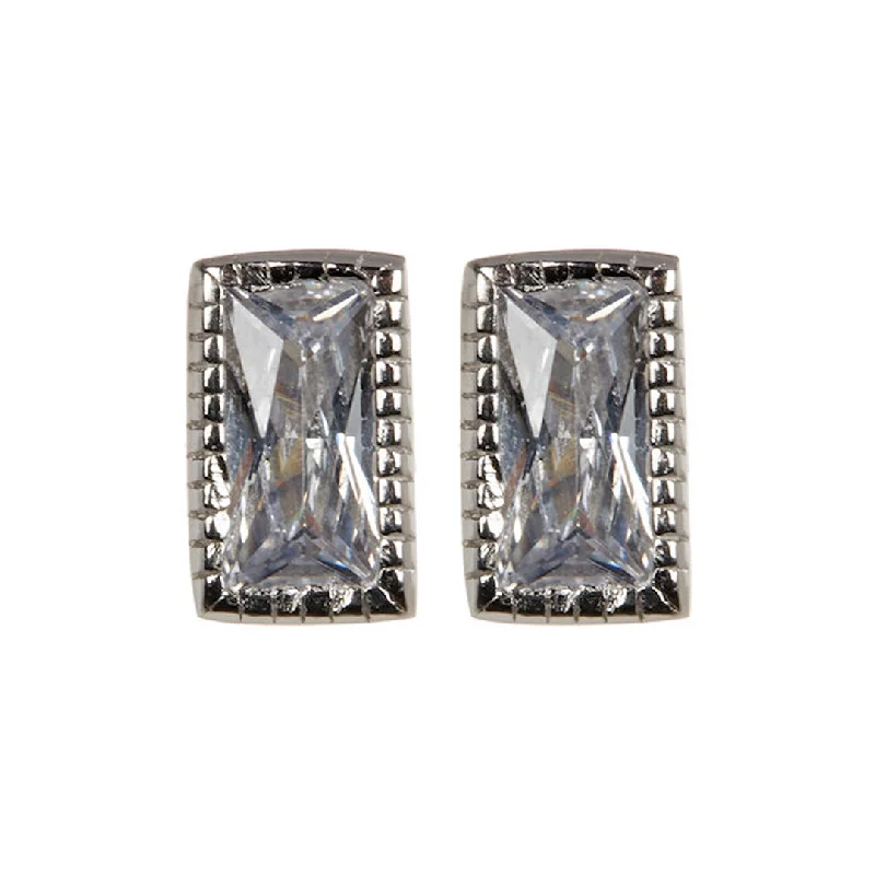 Half moon earrings-Rhodium Plated Baguette Rectangle Cut Stud Earrings