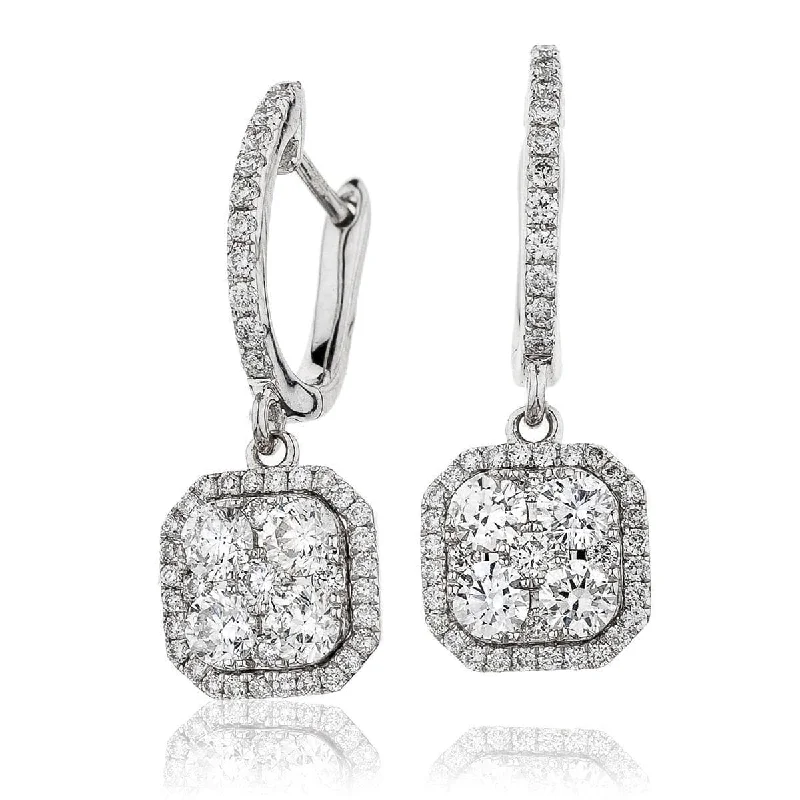 Twine bead earrings-DIAMOND CLUSTER AND HALO DROP EARRINGS IN 18K WHITE GOLD