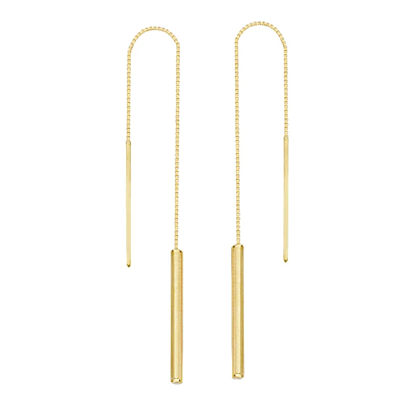 Light bead earrings-Threader Earrings 14K Yellow Gold with Tube Drop and Bar Ends