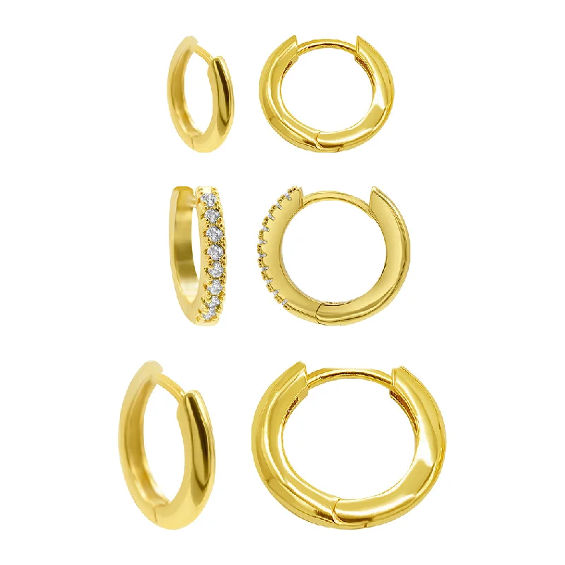 Victorian flair earrings-14k Gold Plated 3-Huggie Hoop Earrings Set With 1-Crystal Hoop