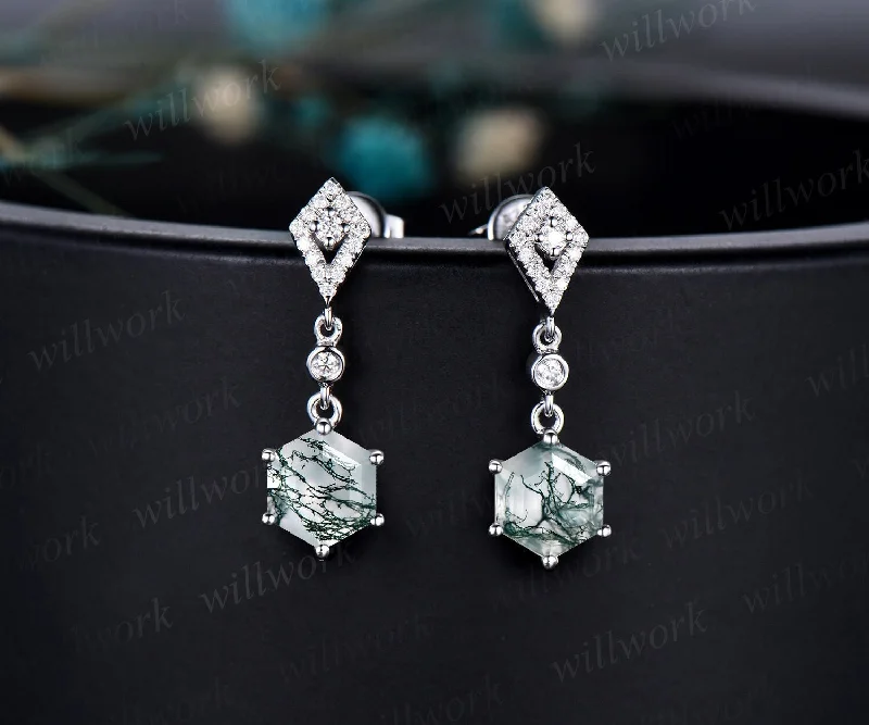 Victorian flair earrings-Vintage 1ct hexagon cut green moss agate earrings women solid 14k white gold kite halo diamond drop earrings anniversary gift for her