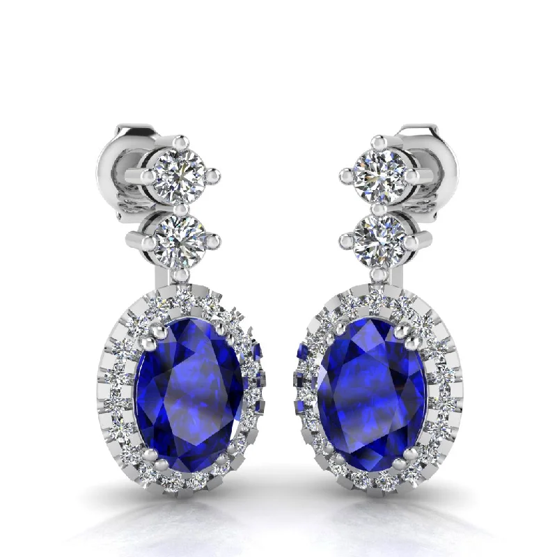 Thin hoop earrings-Sapphire 1.40 Carat Oval Shape Halo Lab Grown Diamond Drop Earrings E1OCS