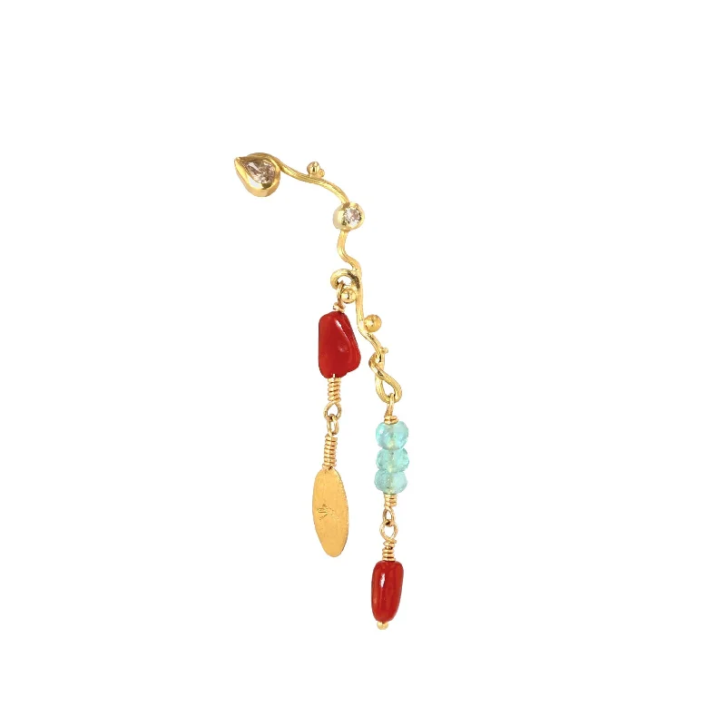 Seafire 18K & 22K Gold Earring w. Diamonds, Corals & Emerald