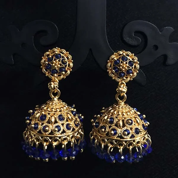 Yarn fringe earrings-Blue Beads High Quality Indian Made Big Size Oxidized Jhumka Earring Sold by per Pair Pack