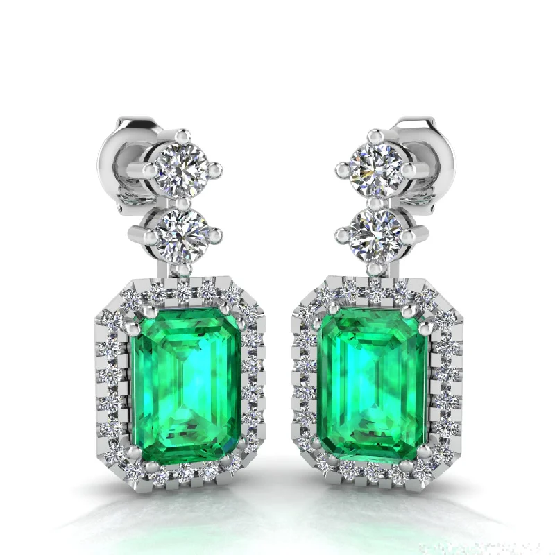 Tide design earrings-Emerald Cut 1 Carat Emerald Lab Grown Diamond Halo Drop Earrings E1ECE