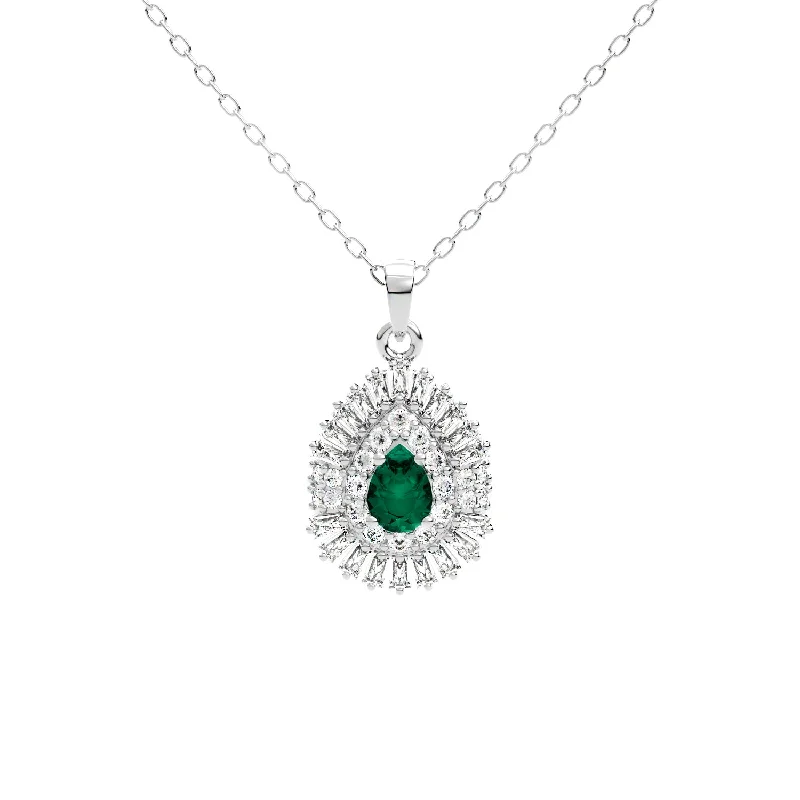 Retro medallion necklaces-Double Halo Emerald and Baguette Pendant Necklace