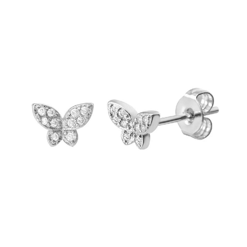 Zodiac charm earrings-Rhodium Plated Butterfly Stud Earrings