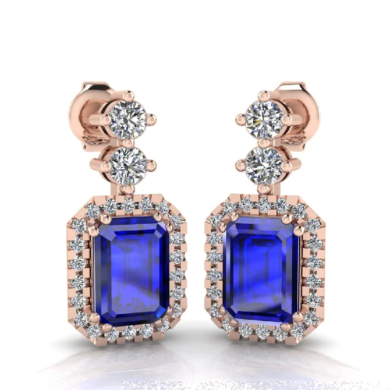 Sleek drop earrings-Emerald Cut 1 Carat Sapphire Lab Grown Diamond Halo Drop Earrings E1ECS