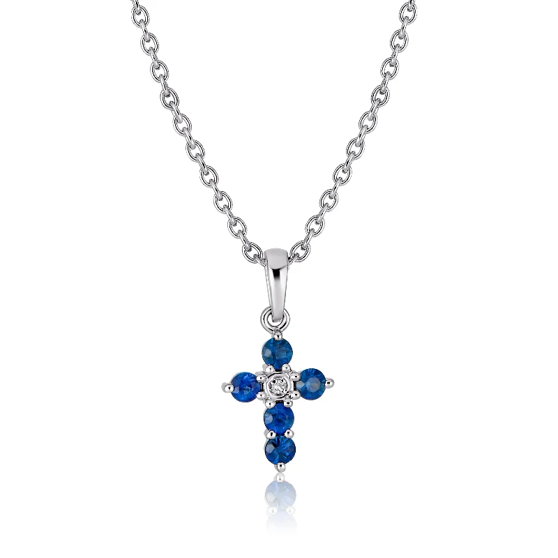 Bead weave necklaces-Sapphire and Diamond Petite Cross Necklace