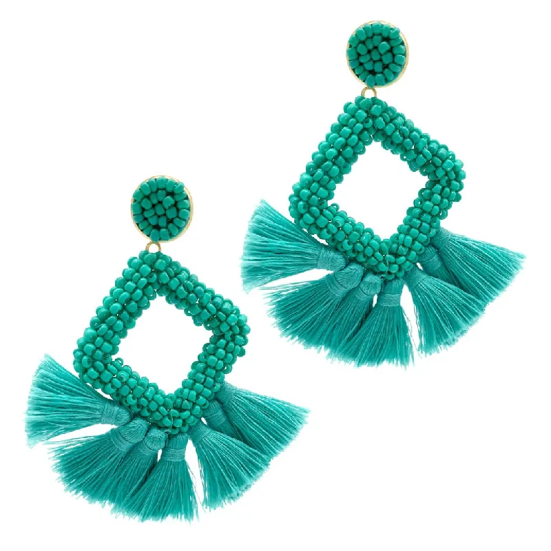 Tiered drop earrings-Turquoise Beaded Square Drop Earrings