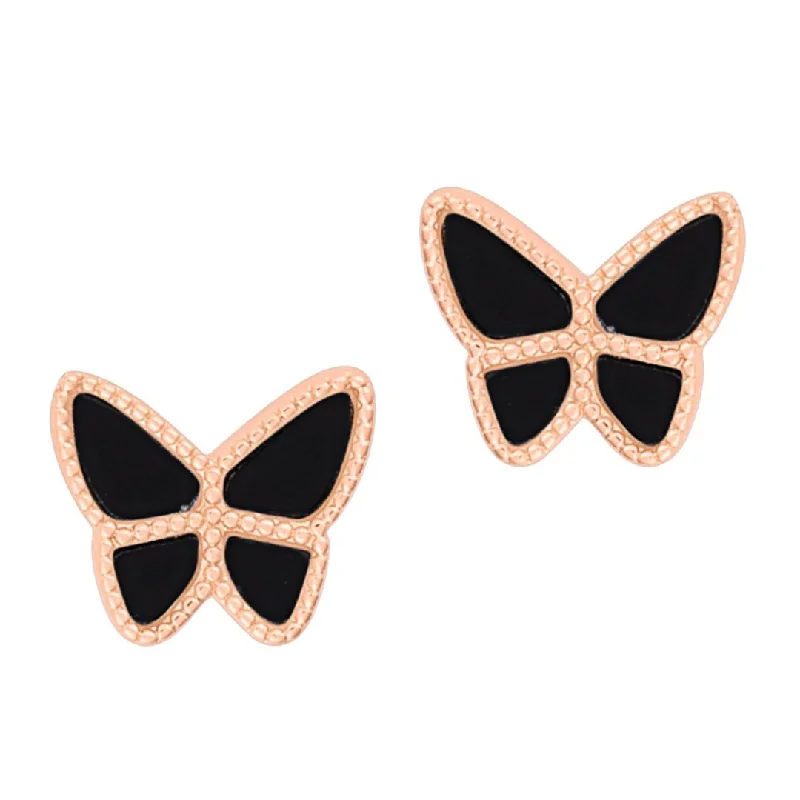 Textured disc earrings-14k Rose Gold Plated Black Butterfly Stud Earrings