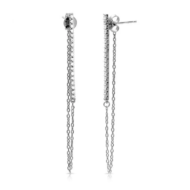 Simple cross earrings-Rhodium Plated Vertical Bar Drop Chain Earrings