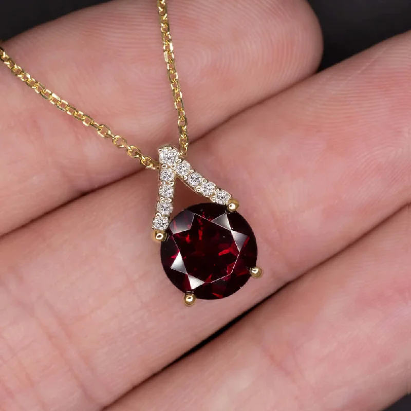 Spirit eye necklaces-GARNET NATURAL DIAMOND PENDANT 14K YELLOW GOLD NECKLACE RED JANUARY BIRTHSTONE