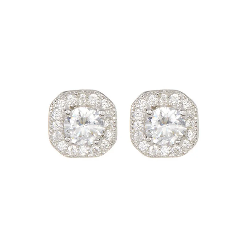 Textured disc earrings-Rhodium Plated Vintage Crystal Cushion Halo Earrings