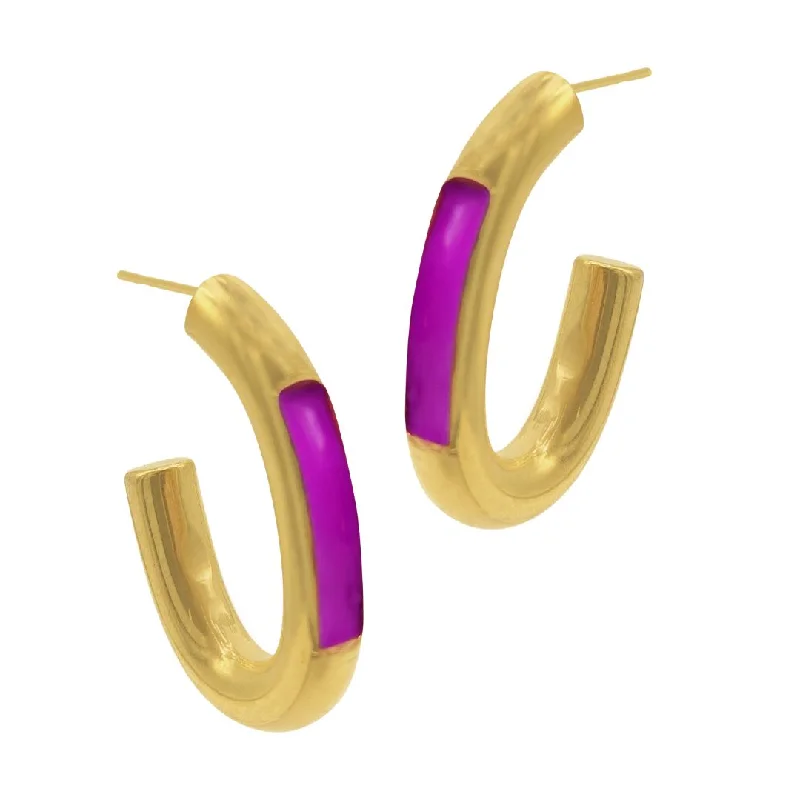 Simple cross earrings-Tarnish Resistant 14k Gold Plated Oval Hoops with Purple Highlight