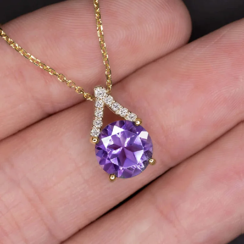 Bold cross necklaces-AMETHYST NATURAL DIAMOND PENDANT YELLOW GOLD NECKLACE PURPLE FEBRUARY BIRTHSTONE