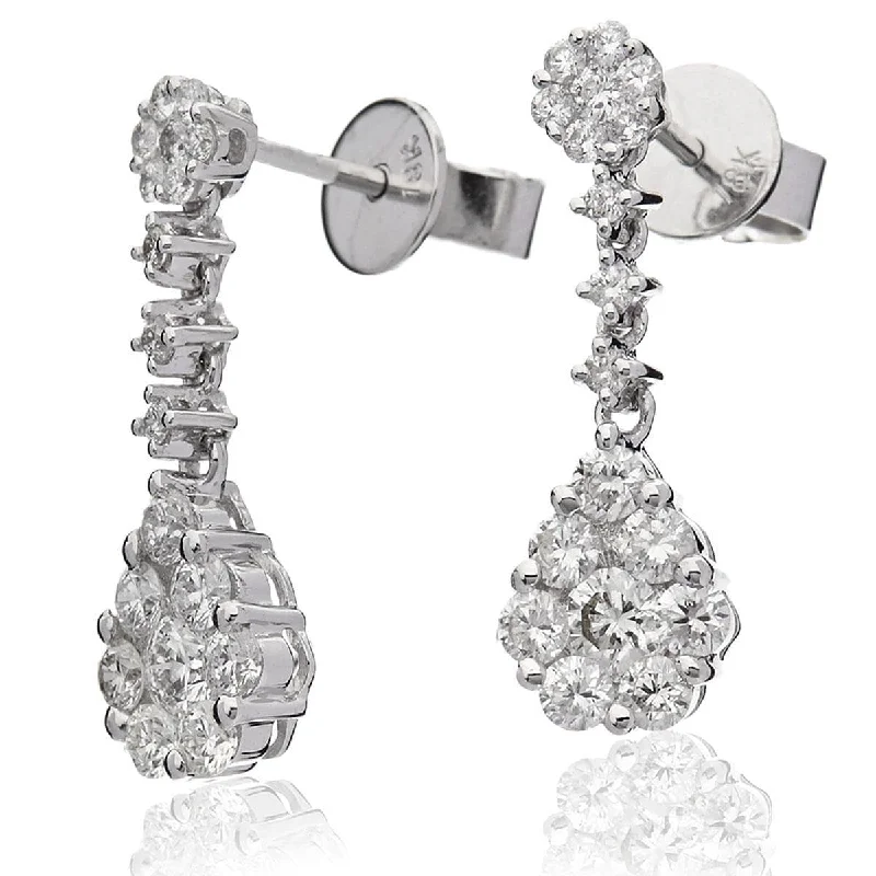 Broad hoop earrings-DIAMOND CLUSTER DROP EARRINGS IN 18K WHITE GOLD