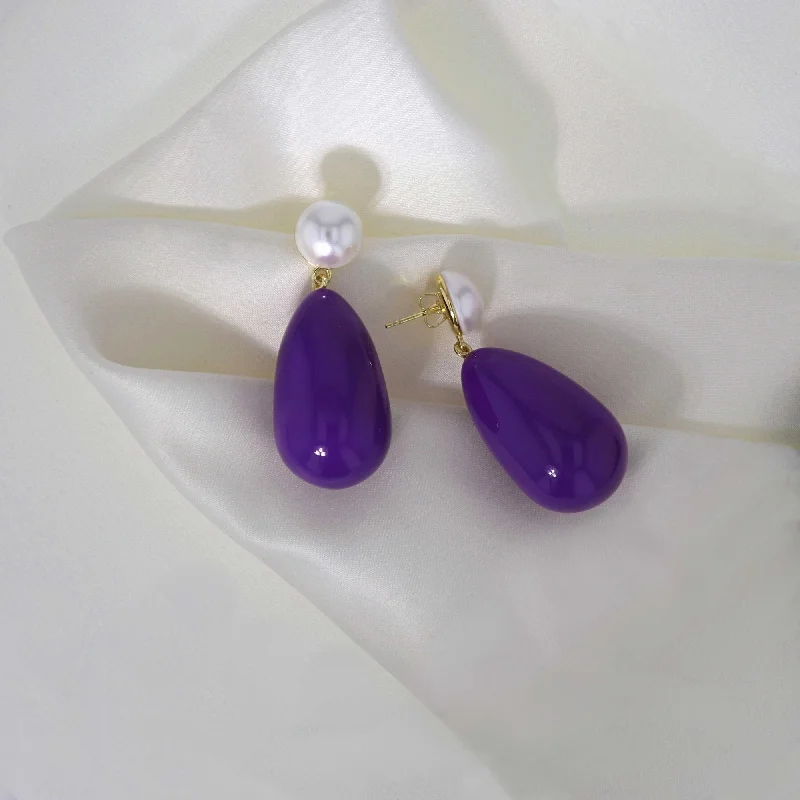 Drop Purple & White Gold Plated Earrings w. Pearls