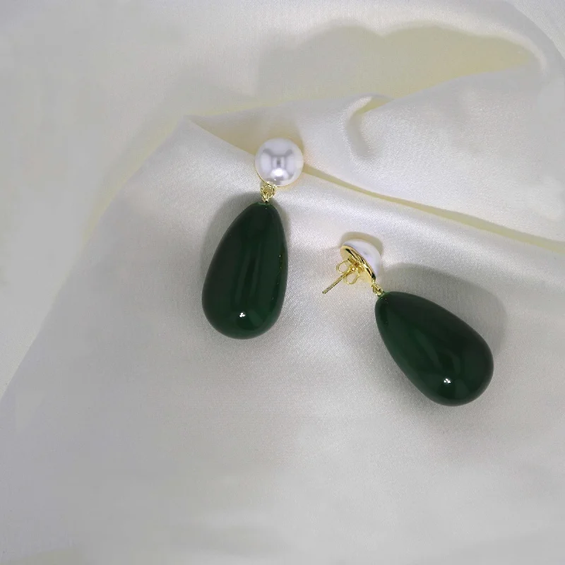 Drop Green & White Gold Plated Earrings w. Pearls