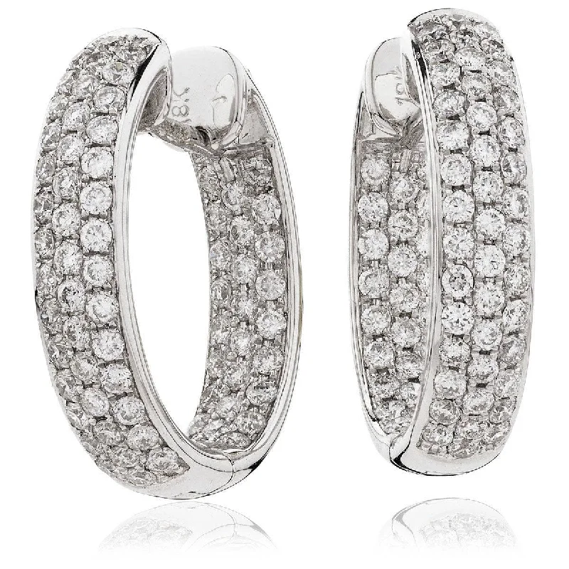 Glossy gold earrings-DIAMOND PAVE SETTING HOOP EARRINGS IN 18K WHITE GOLD