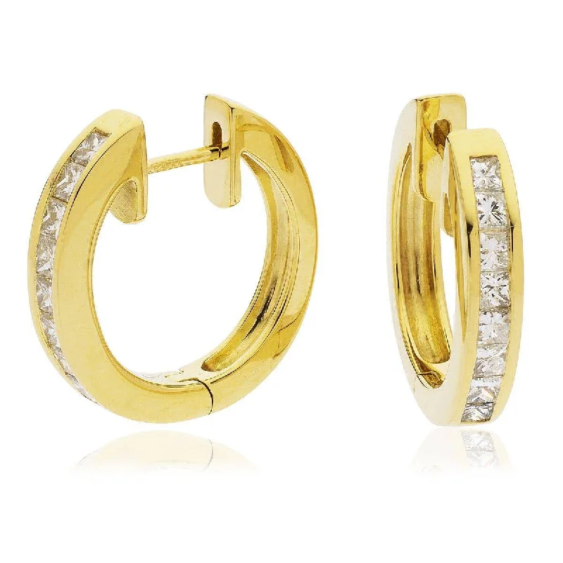 Agate drop earrings-PRINCESS CUT DIAMOND CHANNEL SETTING HOOP EARRINGS IN 18K YELLOW GOLD