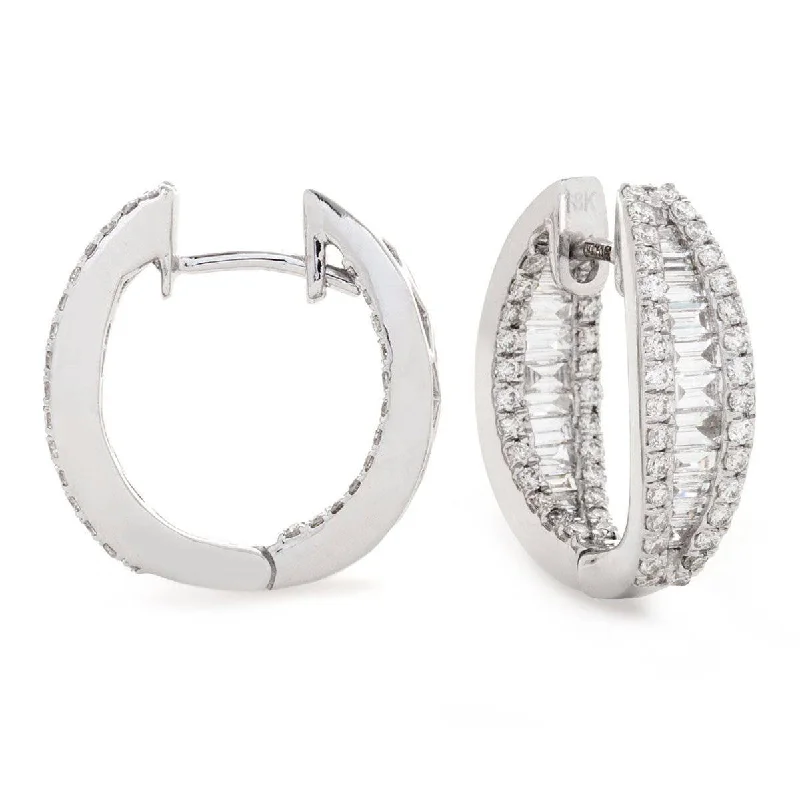 Fine star earrings-ROUND AND BAGUETTE CUT DIAMOND HOOP EARRINGS IN 18K WHITE GOLD