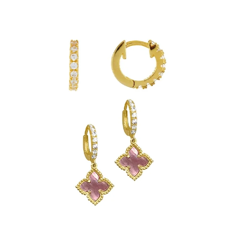 Smooth drop earrings-14k Gold Plated Pink Mother of Pearl Huggie Set