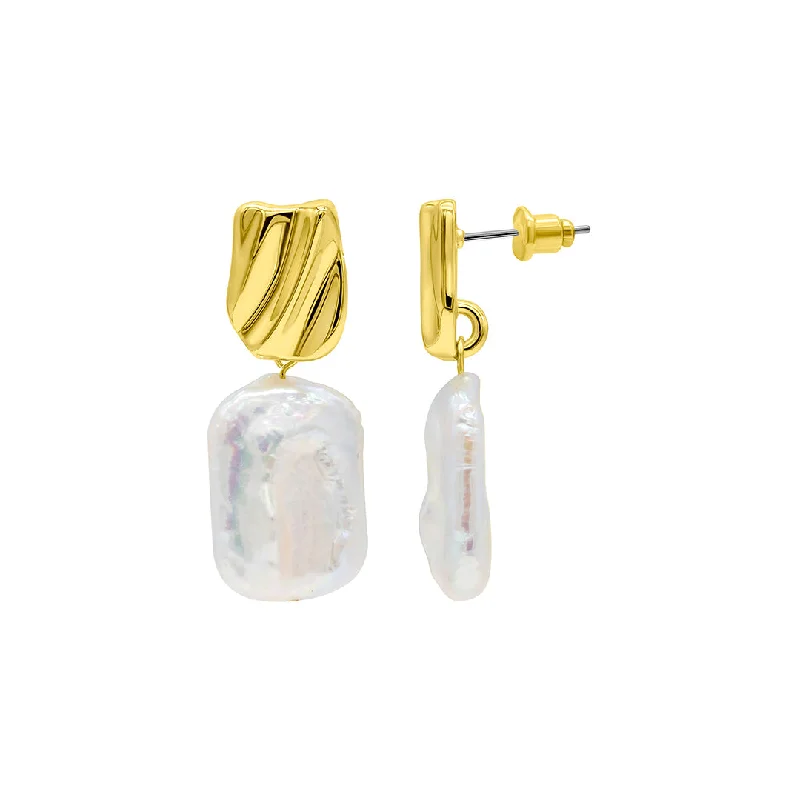 Wide hoop earrings-14k Gold Plated Freshwater Pearl Coin Drop Earrings