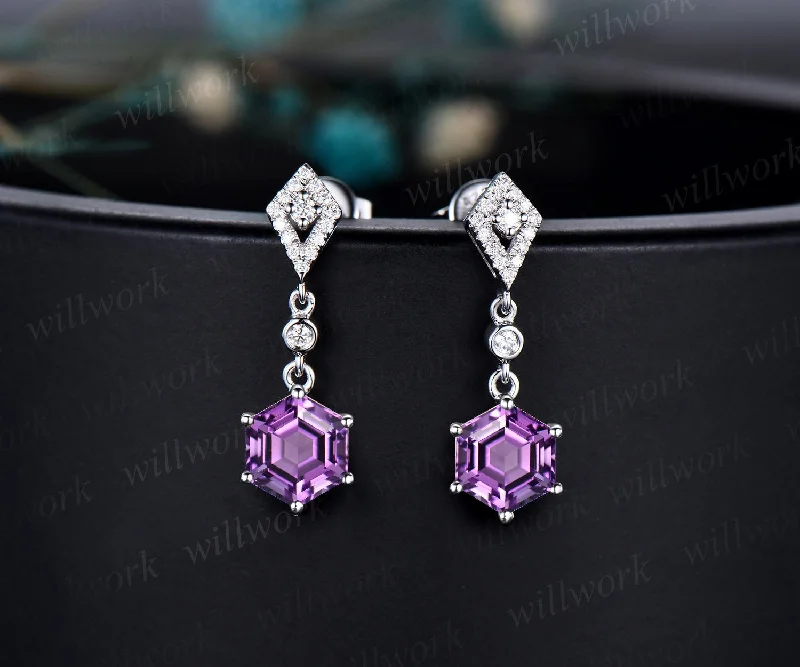 Classic flair earrings-Vintage 1ct hexagon cut amethyst earrings women solid 14k white gold kite halo diamond drop earrings anniversary gift for her