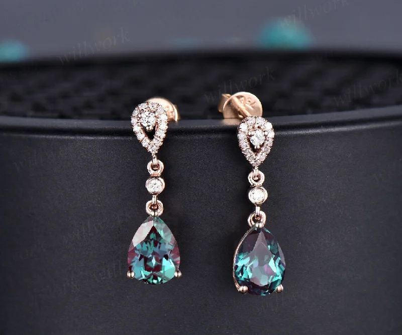 Topaz stud earrings-Vintage pear cut alexandrite earrings solid 14k rose gold halo diamond drop earrings women June birthstone dainty anniversary gift for her