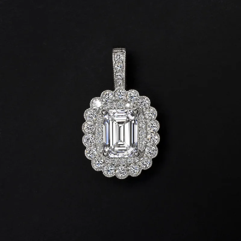 Raw woven necklaces-LAB CREATED DIAMOND PENDANT 1ct EMERALD CUT SCALLOPED DOUBLE HALO NECKLACE 14k