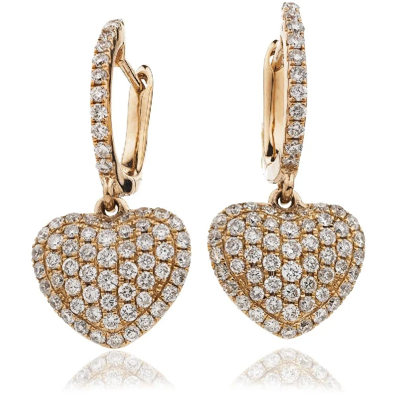 Clear crystal earrings-DIAMOND HEART SHAPE AND PAVE SETTING DROP EARRINGS IN 18K ROSE GOLD