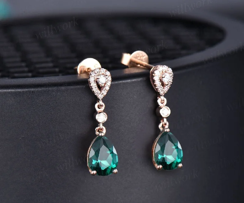 Smooth drop earrings-Pear shaped green emerald earrings solid 14k rose gold halo diamond drop earrings women bridal anniversary gift for her jewelry