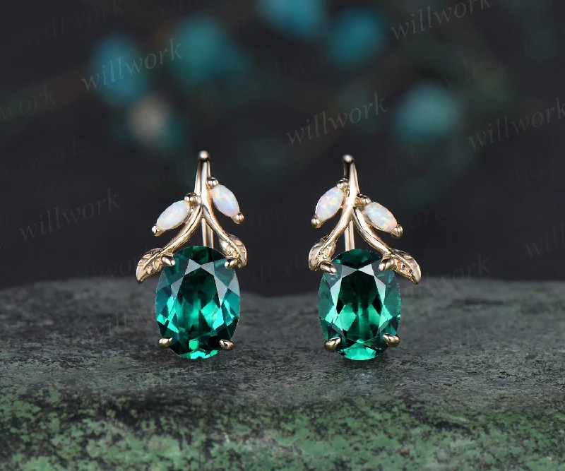 Cosmic glow earrings-Oval cut green emerald earrings solid 14k yellow gold vintage leaf marquise opal drop earrings women anniversary gift jewelry