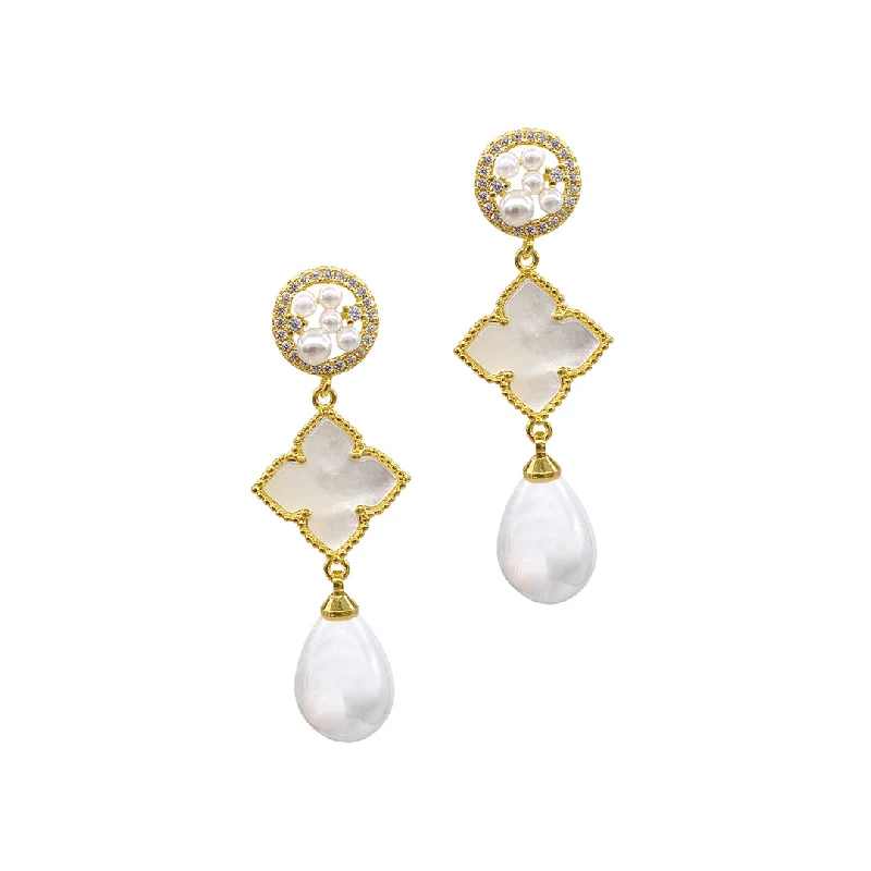 Agate drop earrings-14k Gold Plated 3-Tier Flower White Mother of Pearl Drop Earrings