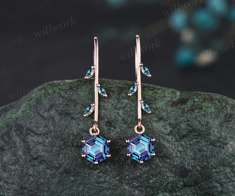 Topaz stone earrings-Delicate June Birthstone Alexandrite Drop Earrings Unique Color Change Stone Alexandrite Dangle Earrings 14k Rose Gold Alexandrite Earrings