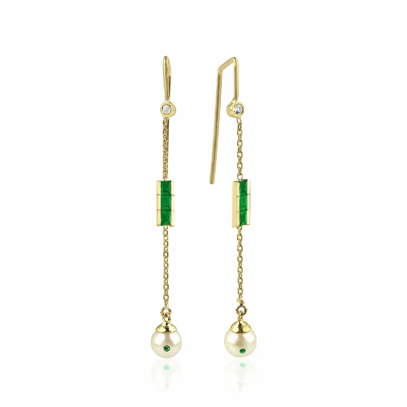 Eline 18K Gold Earrings w. Diamonds, Emeralds & Pearls