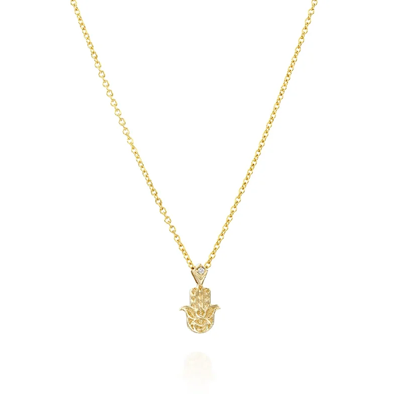 Quartz healing necklaces-Hamsa Gold Engraved Necklace Diamond