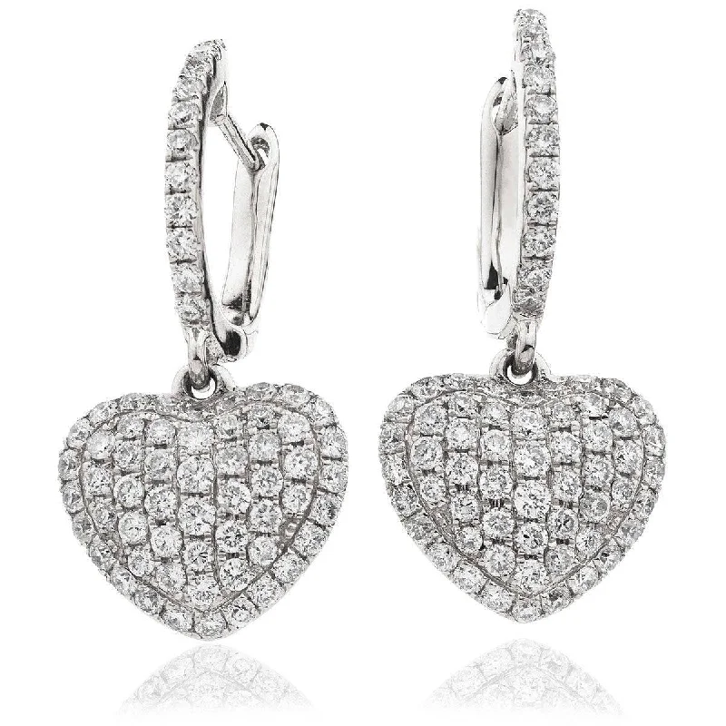 Flat medallion earrings-DIAMOND HEART SHAPE AND PAVE SETTING DROP EARRINGS IN 18K WHITE GOLD