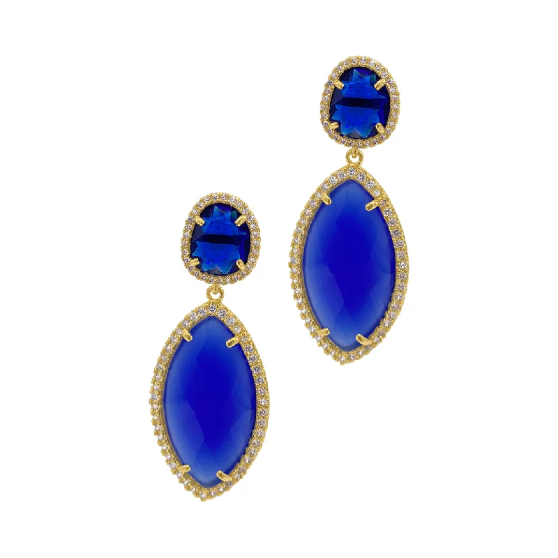 Fine triangle earrings-Tarnish Resistant 14k Gold Plated Blue Drop Marquis Halo Earrings