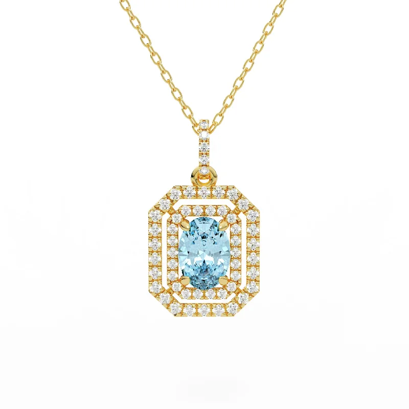 Curved gem necklaces-Aquamarine and Diamond Double Halo Hexagon Pendant Necklace