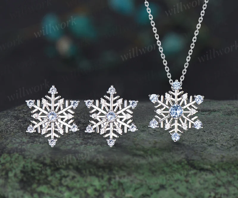 Playful pair earrings-Christmas Snowflake Necklace Earrings Set Christmas Atmosphere Jewelry with a snow blue topaz Christmas Eve Jewelry Gifts for her