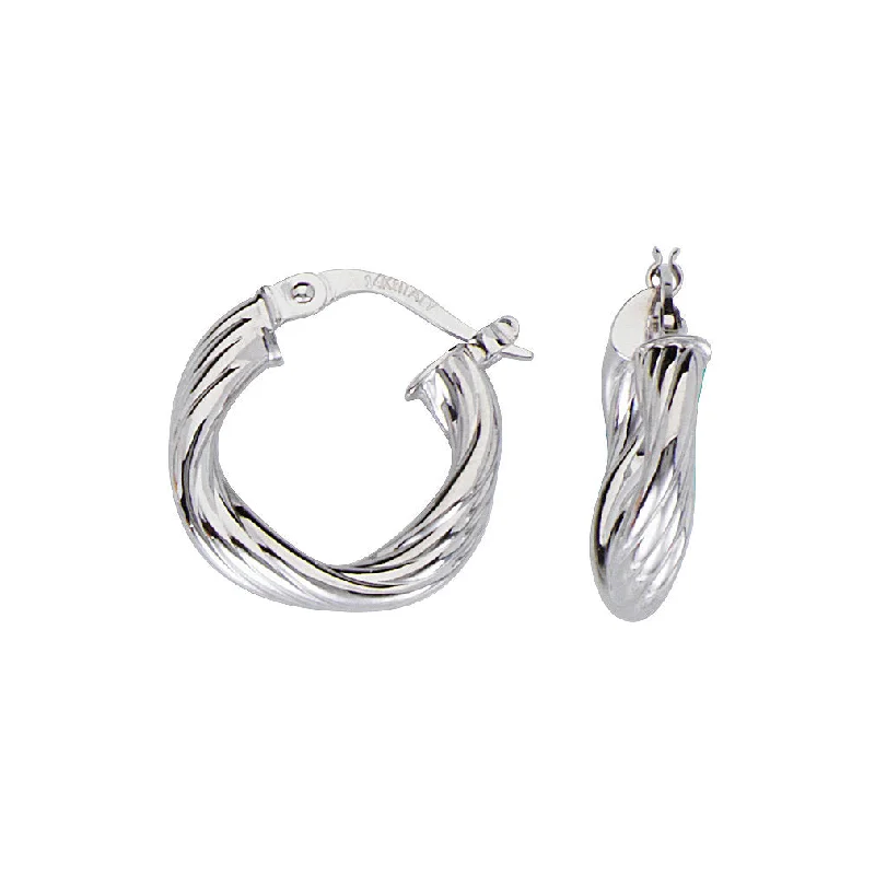 Glossy gold earrings-14k White Gold Small Twist Tube Hoop Earrings with Polished Finish 15mm