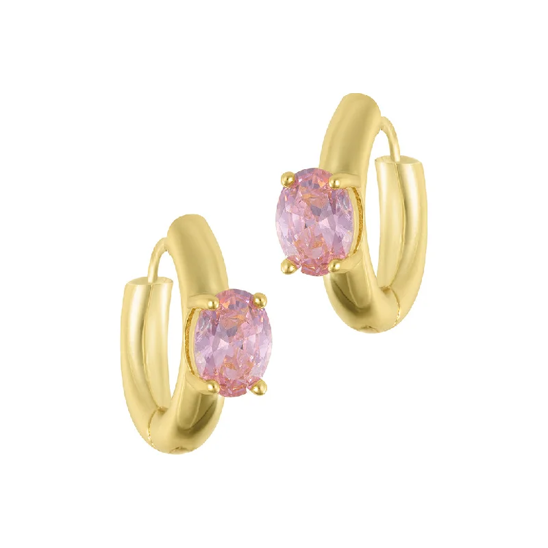 Fox wing earrings-Tarnish Resistant 14k Gold Plated Chubby Hoop with Pink Oval Stone