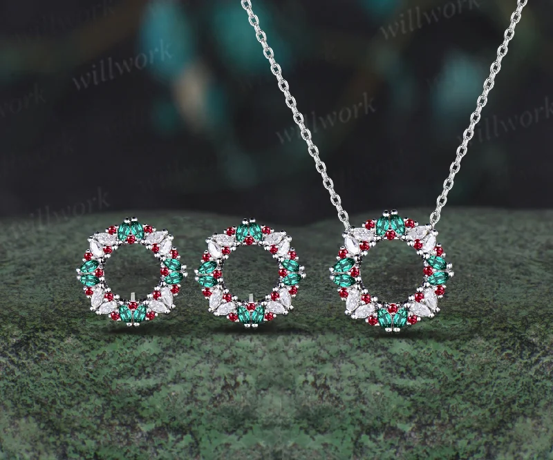 Soft drop earrings-Wreath Marquise Emerald Moissanite Earrings Necklace Set Stud Ruby Pendant Eardrop Earring Christmas